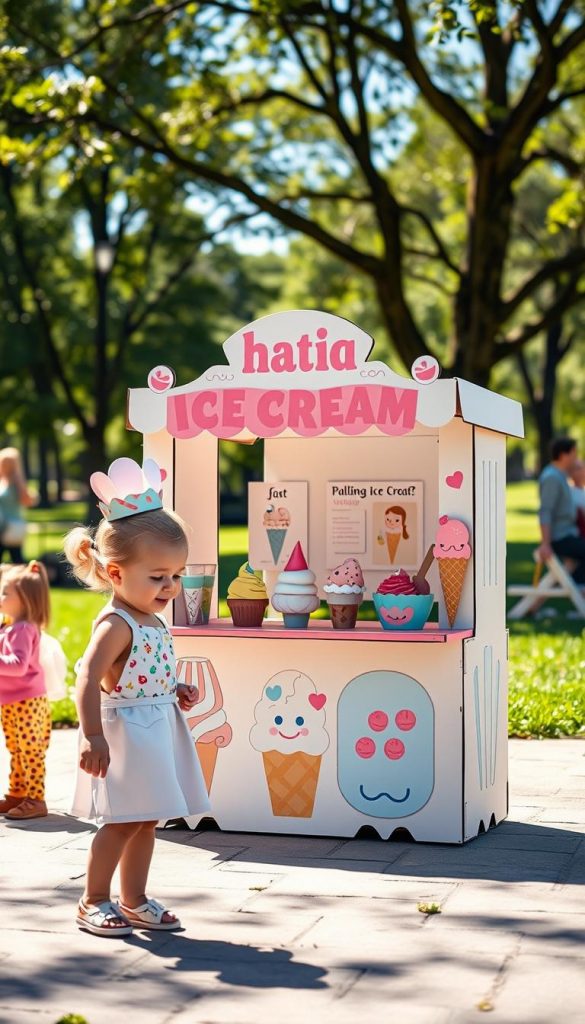 A charming cardboard ice cream stand, intricately designed with pastel colors and playful details, showcasing various ice cream cones made from vibrant paper. In the foreground, a small child enjoys an imaginative role play, wearing a colorful apron and a paper chef's hat. The middle ground features a friendly cardboard display adorned with whimsical ice cream graphics and toppings, creating an inviting atmosphere. In the background, a sunlit park setting adds a warm, cheerful ambiance, with soft greenery and families enjoying their time together. The lighting is bright and natural, casting gentle shadows that enhance the textures of the cardboard. The overall mood is playful and creative, embodying the spirit of DIY projects. This scene represents "KlickKiste," inspiring families to engage in fun, artistic activities.