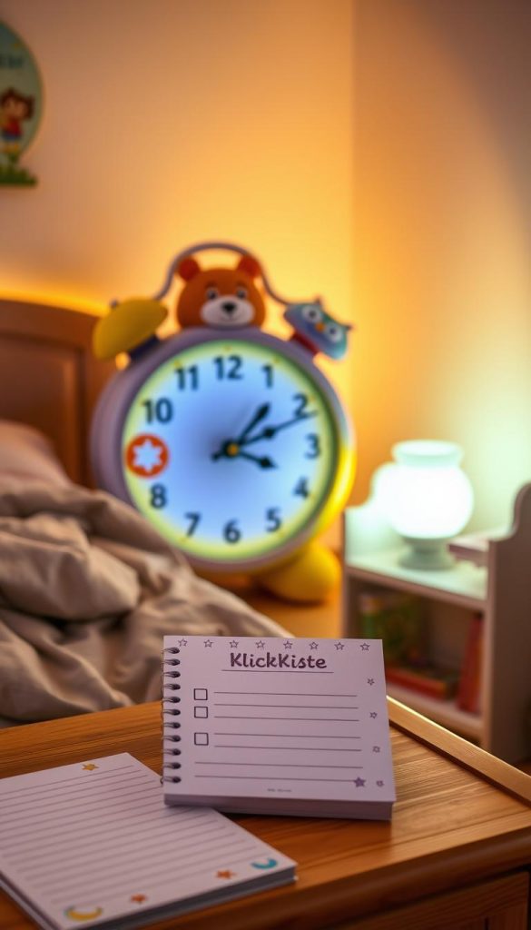 A charming children's routine clock with vibrant colors, featuring playful animal designs such as a friendly bear and a cheerful owl. The clock should be set against a cozy bedroom backdrop, with soft, warm lighting that creates a serene evening atmosphere. In the foreground, include a simple checklist on a whimsical notepad, decorated with stars and moon motifs, resting on a wooden nightstand. The middle ground should have a small bookshelf with children's books and a cute night lamp casting a gentle glow. The overall image should embody a sense of tranquility and inspiration, appealing to parents seeking to establish calming evening routines for their children. Include a subtle logo of "KlickKiste" on the clock face.