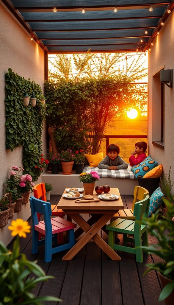 A charming, cozy terrace space designed for families with children. In the foreground, include a small wooden table surrounded by colorful, child-sized chairs, adorned with potted flowers and a delightful picnic spread. The middle layer captures a lush green vertical garden on one side, creating a natural privacy screen, while on the other side, a play area with soft, vibrant cushions invites playful activity. In the background, a warm sunset casts golden light over the scene, highlighting the textured walls and charming fairy lights strung overhead. The atmosphere is inviting and cheerful, embodying a Pinterest-like aesthetic, with warm colors and an authentic, inspirational touch. Ensure the scene reflects the name "KlickKiste" subtly integrated into the design elements, enhancing the family-friendly ambiance.
