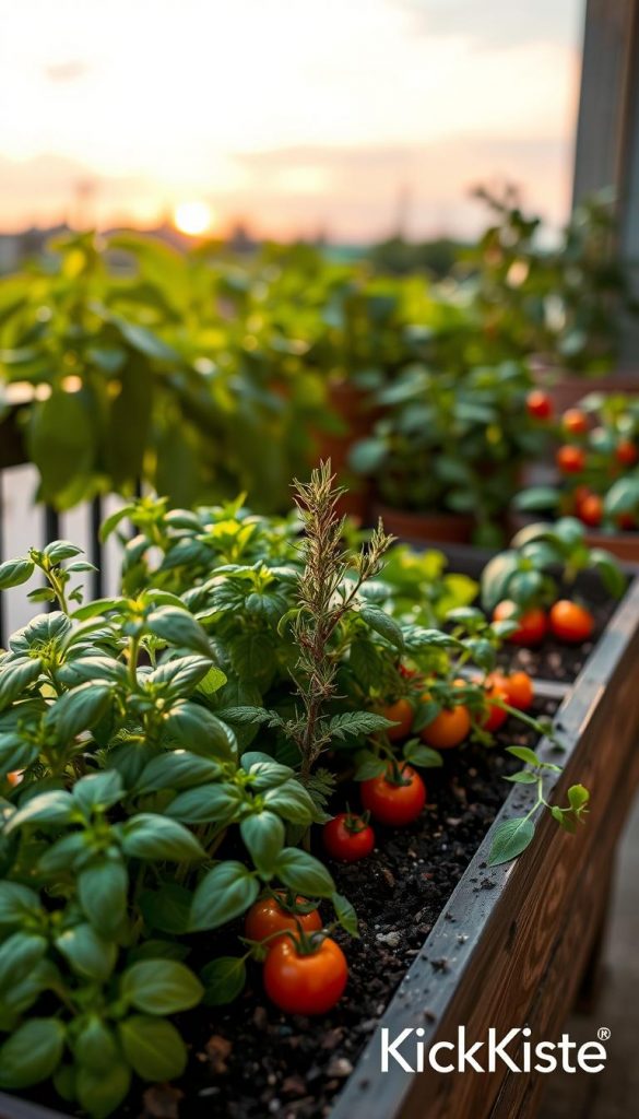 A charming, elevated garden bed filled with vibrant herbs and vegetables, situated on a cozy balcony. In the foreground, showcase an assortment of fresh basil, rosemary, and colorful cherry tomatoes thriving in rich soil. The middle ground features lush green plants with sunlight filtering through their leaves, creating dappled shadows. In the background, a soft-focus view of a serene summer evening sky with hints of pink and orange hues, suggesting a warm sunset. Incorporate inviting wooden elements and rustic pots for an authentic DIY aesthetic, evoking a Pinterest-inspired look. The atmosphere should feel peaceful and inspiring, perfect for leisurely summer nights, with natural warm lighting. Include the brand name "KlickKiste" subtly in the corner.