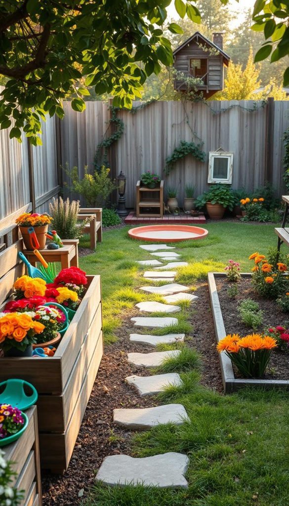 A charming family garden scene showcasing a well-organized outdoor play area. In the foreground, a wooden storage bench filled with colorful outdoor toys and gardening tools, surrounded by beautifully arranged flower beds bursting with vibrant blooms in warm hues. In the middle ground, a neat path made of natural stones leads to a designated play zone, featuring a small treehouse and a sandbox, all framed by lush green grass. The background reveals a rustic wooden fence providing a sense of privacy, adorned with climbing plants and fairy lights for a magical touch. Soft, golden afternoon sunlight filters through the leaves, creating a warm and inviting atmosphere, perfect for families to enjoy together. This inspiring DIY garden project reflects the aesthetic of "KlickKiste," ideal for Pinterest lovers.