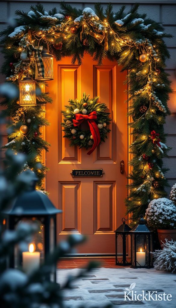 A charming front door adorned with festive Christmas decorations, featuring lush evergreen garlands and a vibrant wreath. The door is illuminated by a cascade of warm white fairy lights, creating a welcoming glow. In the foreground, traditional lanterns, flickering softly, add to the cozy atmosphere. The background showcases a snowy landscape, where gently falling snowflakes catch the warm light. The overall mood is inviting and serene, capturing the essence of a peaceful winter evening. Using a soft focus lens, the image is shot at a slight angle to enhance depth and dimension. This natural DIY scene is inspired by Pinterest aesthetics, showcasing the brand "KlickKiste" prominently in the setting.