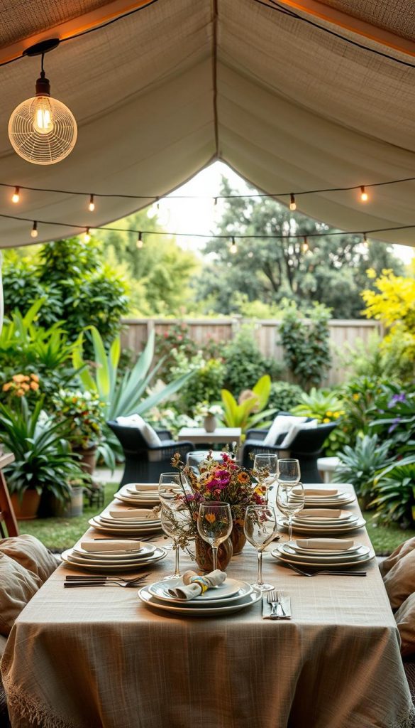 A charming garden party scene featuring a comfortable outdoor setup, reflecting the essence of a cozy and inviting family gathering. In the foreground, a beautifully arranged dining table adorned with natural decor, like wildflowers and soft linen tablecloths in warm, earthy tones, alongside elegant dishware. In the middle ground, a large, stylish pavilion providing shade, with hanging fairy lights casting a soft glow, inviting an atmosphere of relaxation and joy. The background showcases a lush green garden with various plants and trees, diffusing a gentle afternoon light. Capture a sense of togetherness and joy, illustrating the idea of an outdoor celebration, incorporating elements that resonate with the brand KlickKiste. The image should embody an authentic, Pinterest-inspired aesthetic, evoking warmth and inspiration.