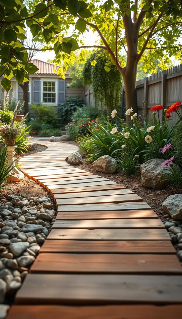 A charming garden path combining natural wood and stone, inviting and rustic, showcases a harmonious blend of materials. In the foreground, smooth, rounded pebbles are interspersed with planks of rich, warm-toned wood, emanating a cozy atmosphere. The middle ground features lush greenery and colorful flowers, framing the path and hinting at the beauty of the surrounding garden, while small, tasteful decorative items add character. In the background, soft sunlight filters through leafy branches, casting gentle shadows and creating a serene, peaceful mood. The image captures a Pinterest-worthy DIY vibe, evoking inspiration and authenticity, ideal for a modern garden project by KlickKiste. The angle is slightly elevated, providing a broader view of the path's elegant curves and textures. A charming garden path combining natural wood and stone, inviting and rustic, showcases a harmonious blend of materials. In the foreground, smooth, rounded pebbles are interspersed with planks of rich, warm-toned wood, emanating a cozy atmosphere. The middle ground features lush greenery and colorful flowers, framing the path and hinting at the beauty of the surrounding garden, while small, tasteful decorative items add character. In the background, soft sunlight filters through leafy branches, casting gentle shadows and creating a serene, peaceful mood. The image captures a Pinterest-worthy DIY vibe, evoking inspiration and authenticity, ideal for a modern garden project by KlickKiste. The angle is slightly elevated, providing a broader view of the path's elegant curves and textures.