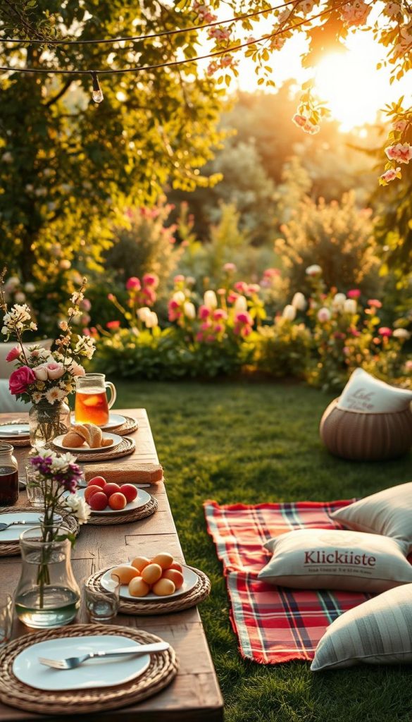 A charming garden scene evoking a picnic feeling, featuring a rustic wooden table elegantly set with light tableware, woven placemats, and delicate floral arrangements. In the foreground, there are vibrant plates filled with fresh fruits, artisanal bread, and refreshing beverages in glass pitchers. Soft fairy lights are draped overhead, creating a warm, inviting atmosphere. The middle ground showcases a lush green lawn with colorful picnic blankets spread out, while cozy cushions add comfort. In the background, blooming flowers and greenery frame the scene, enriched by golden sunlight filtering through the leaves. Capture this serene and authentic vibe with a Pinterest-worthy aesthetic, embodying DIY details and a warm color palette. Add subtle branding of "KlickKiste" within the decor elements to enhance the creative inspiration.