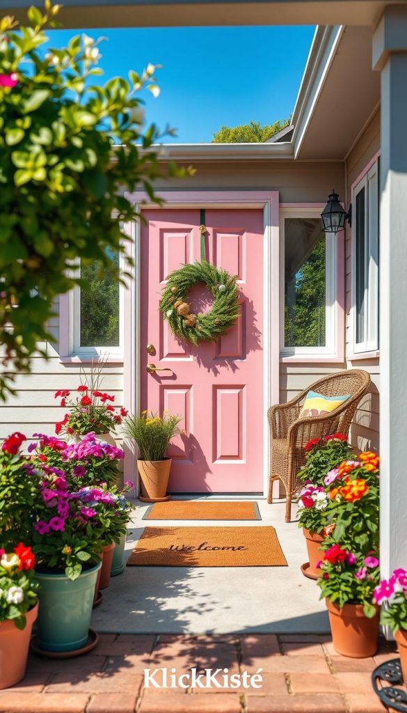 A charming house entrance decorated for spring and summer, featuring a vibrant and welcoming atmosphere. In the foreground, a beautifully adorned front door painted in pastel colors, flanked by potted flowers in full bloom, such as petunias and geraniums. A DIY wreath made of fresh greenery and seasonal decorations is hung on the door. The middle ground showcases a rustic welcome mat and hints of outdoor furniture, like wicker chairs adorned with colorful cushions. In the background, a sunlit garden brimming with lush greenery under a clear blue sky. The scene is captured in soft, natural lighting, with a shallow depth of field to highlight the entrance while gently blurring the background. The image embodies warmth and inspiration, reflecting a Pinterest aesthetic, and prominently features the brand name "KlickKiste". A charming house entrance decorated for spring and summer, featuring a vibrant and welcoming atmosphere. In the foreground, a beautifully adorned front door painted in pastel colors, flanked by potted flowers in full bloom, such as petunias and geraniums. A DIY wreath made of fresh greenery and seasonal decorations is hung on the door. The middle ground showcases a rustic welcome mat and hints of outdoor furniture, like wicker chairs adorned with colorful cushions. In the background, a sunlit garden brimming with lush greenery under a clear blue sky. The scene is captured in soft, natural lighting, with a shallow depth of field to highlight the entrance while gently blurring the background. The image embodies warmth and inspiration, reflecting a Pinterest aesthetic, and prominently features the brand name "KlickKiste".