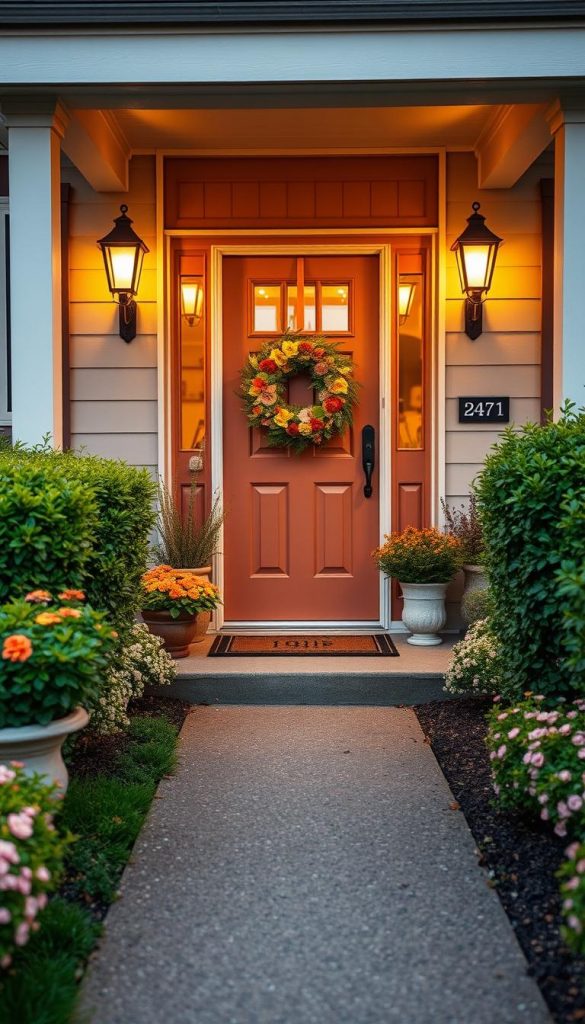 A charming house entrance featuring a beautifully decorated front door in warm, inviting colors. The foreground showcases a stylish, modern door wreath decorated with seasonal flowers and greenery, alongside potted plants in natural textures. In the middle ground, the entrance is framed by elegant, symmetrical porch lights casting a soft glow, enhancing the cozy atmosphere. The background includes a well-maintained path leading to the door, bordered by flowering bushes and a welcoming doormat. The scene is captured in soft, natural light at sunset, creating a warm and inviting mood. The composition is inspired by the Pinterest aesthetic, reflecting the branding of "KlickKiste" in a harmonious blend of proportions, style mix, and color combinations. A charming house entrance featuring a beautifully decorated front door in warm, inviting colors. The foreground showcases a stylish, modern door wreath decorated with seasonal flowers and greenery, alongside potted plants in natural textures. In the middle ground, the entrance is framed by elegant, symmetrical porch lights casting a soft glow, enhancing the cozy atmosphere. The background includes a well-maintained path leading to the door, bordered by flowering bushes and a welcoming doormat. The scene is captured in soft, natural light at sunset, creating a warm and inviting mood. The composition is inspired by the Pinterest aesthetic, reflecting the branding of "KlickKiste" in a harmonious blend of proportions, style mix, and color combinations.
