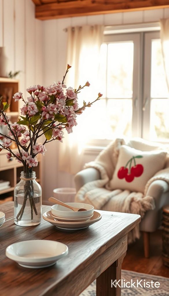 A charming, inviting interior space decorated in "cherry vibes," featuring a harmonious blend of soft pinks, deep reds, and warm wood tones. In the foreground, a rustic wooden table adorned with lush cherry blossom branches in a delicate vase, alongside handmade ceramic dishes in soft pastel hues. The middle showcases a cozy armchair draped with a fluffy, textured blanket and a knitted cherry-patterned cushion. The background reveals a softly lit window, allowing warm sunlight to embrace the scene, casting gentle shadows and highlighting the organic textures. The atmosphere is serene and inspiring, perfect for a DIY aesthetic, reminiscent of a Pinterest board, radiating warmth and authenticity. Incorporate the brand name "KlickKiste" subtly through the decor, hinting at homey DIY elements.