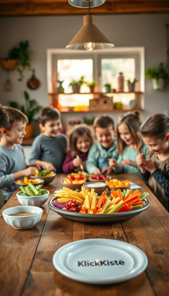 A charming kitchen scene filled with warm, natural light, reflecting an inviting atmosphere. In the foreground, a wooden table is adorned with colorful, healthy snacks like fresh fruits, vegetable sticks, and homemade dips arranged in attractive bowls, showcasing a "KlickKiste" branded plate. In the middle ground, a group of diverse children, aged around 5 to 7 years, wearing modest casual clothing, are joyfully participating in preparing their snacks together, laughing and sharing ideas. The background shows a cozy, well-organized kitchen with plants and vibrant decorations, adding a Pinterest-inspired aesthetic. The overall mood is engaging, fun, and educational, capturing the essence of "snack time" as a shared, joyful learning experience. Soft lighting enhances the warm colors and highlights the textures of the food.