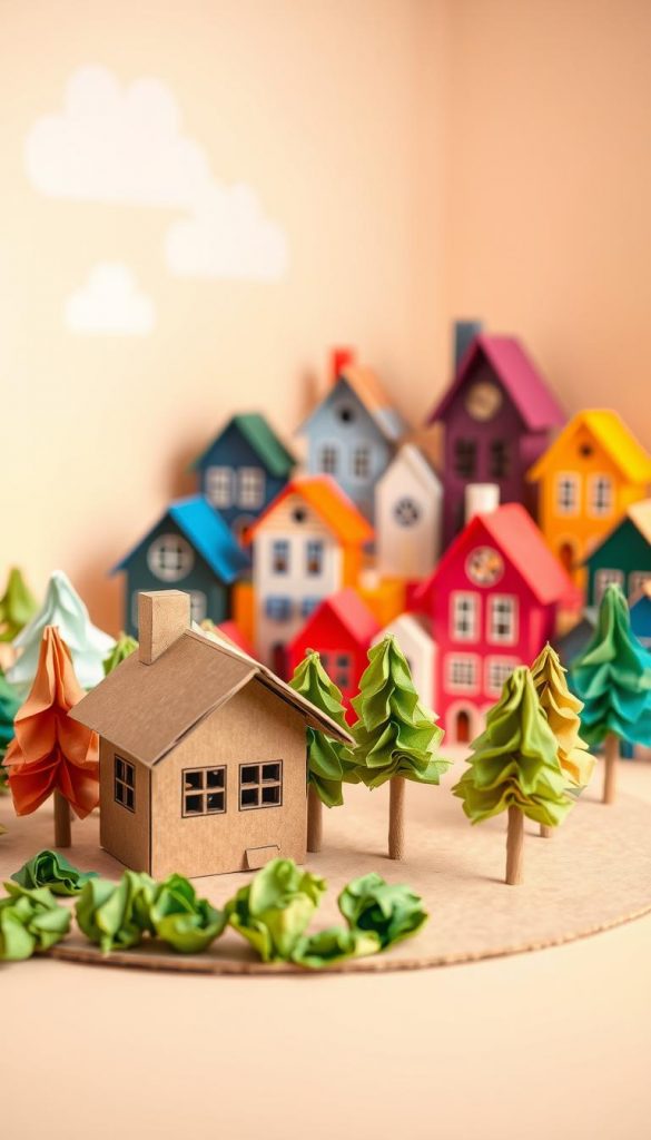 A charming miniature cardboard town, featuring whimsical houses crafted from colorful paper, arranged playfully in a cozy scene. In the foreground, a small, detailed cardboard cottage with a sloped roof and tiny windows, surrounded by miniature trees made from crumpled green paper. The middle ground showcases a variety of vibrant, handcrafted homes with unique designs, creating a diverse neighborhood. In the background, soft pastel-colored skies with gentle clouds blend harmoniously, casting warm, inviting light over the scene. The overall mood conveys creativity and inspiration, exuding a Pinterest-like aesthetic. Ideal for showcasing natural DIY art with warm colors, the brand name "KlickKiste" subtly integrated into the artistic elements. No human subjects are present, ensuring a clean and professional look.