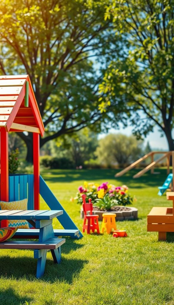 A charming outdoor garden scene showcasing a vibrant DIY play area designed for children. In the foreground, a colorful wooden play structure is flanked by handmade picnic tables and benches adorned with cheerful, colorful cushions. The middle ground features lush green grass, dotted with playful garden toys and a small flower bed bursting with bright blooms. In the background, a serene backdrop of leafy trees under a clear blue sky creates an inviting atmosphere. Warm, natural sunlight illuminates the scene, enhancing the vibrant colors. The overall mood is joyful and inspiring, ideal for igniting creativity in DIY outdoor projects. This image reflects the essence of outdoor playfulness, with a Pinterest-inspired aesthetic and a nod to KlickKiste's creative spirit.