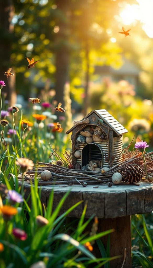 A charming outdoor scene featuring a creatively designed "insektenhotel dose" made from repurposed metal cans, adorned with natural materials like twigs, pinecones, and dried leaves. The foreground showcases the upcycled insect hotel nestled among vibrant flowers and lush green grass, with bees and butterflies gently fluttering nearby, highlighting its purpose in supporting nature. The middle features a rustic wooden table displaying the insect hotel, set against a soft-focus background of a sunny garden with warm, inviting sunlight filtering through the leaves. The atmosphere feels wholesome and inspiring, perfect for a DIY enthusiast. Capture this image at a slight angle to emphasize depth, using a warm light to enhance the natural colors and textures, creating a Pinterest-worthy aesthetic. Include the brand name "KlickKiste" subtly integrated within the scene.
