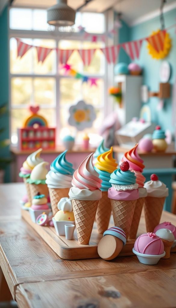 A charming paper ice cream shop, designed with vibrant pastel colors and whimsical details, showcasing an array of paper ice cream cones and various toppings. In the foreground, focus on a delightful assortment of handcrafted paper treats artfully arranged on a wooden table, bringing warmth and inviting charm. In the middle, feature a cozy shop interior, styled with colorful paper decorations that evoke rainbow vibes, and playful bunting hanging from the ceiling. The background includes a sunny outdoor scene, suggesting a joyful summer day, with soft lighting filtering through faux windows. Capture this scene with a shallow depth of field for a dreamy effect. Ensure the atmosphere feels authentic and inspiring, reminiscent of project ideas from KlickKiste, with a Pinterest aesthetic.