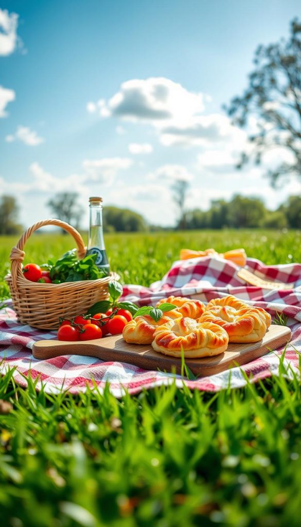 A charming picnic scene featuring golden, flaky pizzaschnecken made from puff pastry, artfully arranged on a rustic wooden board. In the foreground, a small wicker basket overflowing with fresh basil, cherry tomatoes, and a bottle of sparkling water complements the appetizing treats. The middle ground captures a soft, checkered blanket spread on a lush, green meadow, inviting the viewer to join the gathering. The background showcases a bright, sunny day with fluffy white clouds and gentle tree silhouettes, creating a warm, inviting atmosphere. Natural lighting enhances the vibrant colors, giving the image a Pinterest-worthy aesthetic. Brand elements from "KlickKiste" are subtly included in an elegant manner, further enriching the scene while maintaining an authentic, inspiring feel. A charming picnic scene featuring golden, flaky pizzaschnecken made from puff pastry, artfully arranged on a rustic wooden board. In the foreground, a small wicker basket overflowing with fresh basil, cherry tomatoes, and a bottle of sparkling water complements the appetizing treats. The middle ground captures a soft, checkered blanket spread on a lush, green meadow, inviting the viewer to join the gathering. The background showcases a bright, sunny day with fluffy white clouds and gentle tree silhouettes, creating a warm, inviting atmosphere. Natural lighting enhances the vibrant colors, giving the image a Pinterest-worthy aesthetic. Brand elements from "KlickKiste" are subtly included in an elegant manner, further enriching the scene while maintaining an authentic, inspiring feel.