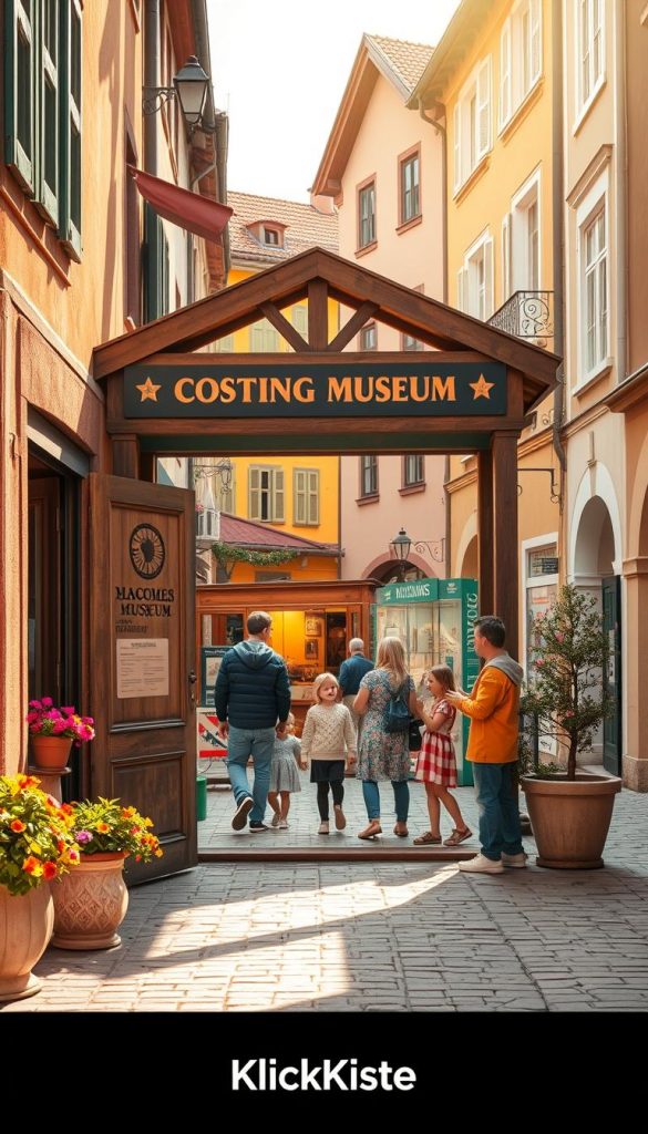 A charming, picturesque street scene showcasing a variety of inviting museums within a colorful old town. In the foreground, a welcoming entrance of a cozy museum with a rustic wooden door and vibrant flower pots on either side. In the middle, families with children are exploring different exhibits, dressed in modest casual clothing, their faces filled with wonder and curiosity. The background features historical buildings with warm, inviting colors and old-world architecture, bathed in soft, golden sunlight that enhances the cozy atmosphere. The scene captures the essence of family-friendly weekend adventures. The composition should have a slight tilt to add dynamism and depth, resembling a light, airy Pinterest aesthetic, with the brand name "KlickKiste" subtly included in the environment without distractions.