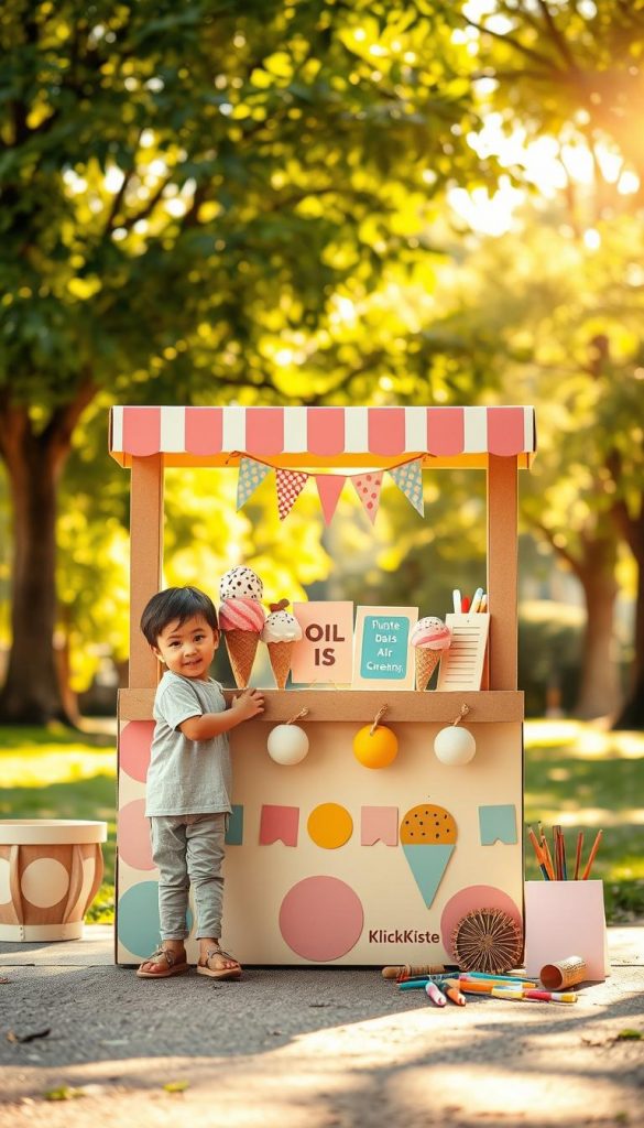A charming scene of a DIY cardboard ice cream stand designed for children, set in a warm, inviting atmosphere. In the foreground, a child in modest casual clothing joyfully plays behind the colorful cardboard ice cream stand, which features hand-painted ice cream cones and scoops made from various textures. The middle layer showcases vibrant paper decorations and fun DIY elements, including playful signage and art supplies scattered around. The background reveals a sunny park with lush greenery and soft, golden lighting streaming through the trees, creating a cheerful ambiance. The image should evoke a sense of creativity and fun, embodying the essence of summer play and crafting. Emphasize natural, warm colors to give a Pinterest-inspired look, showcasing the brand name "KlickKiste" subtly integrated into the scene.