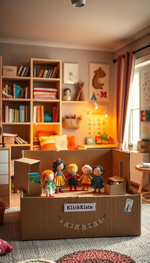 A charming "schuhkarton theater" set in a cozy children's room, showcasing a diorama made from repurposed cardboard boxes. In the foreground, colorful characters made from paper and fabric are positioned on a small stage, ready for a playful performance. The middle includes shelves filled with art supplies and books, while warm, diffused lighting casts a soft glow. The background features playful wall art and a window with sunlight streaming in, creating an inviting atmosphere. The overall mood is whimsical and inspiring, perfect for imagination and learning. The scene embodies the spirit of DIY creativity, with a touch of authentic Pinterest aesthetics. Include a subtle label that reads "KlickKiste" to emphasize the brand.