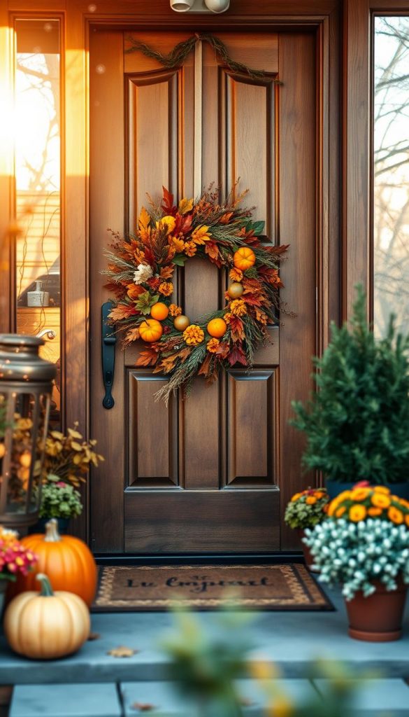 A charming seasonal front door decorated with a beautiful mix of autumn leaves, pumpkins, and fairy lights, transitioning to winter elements like pine branches and subtle snowflakes. In the foreground, a rustic wooden door is adorned with a vibrant, handcrafted wreath featuring seasonal fruits, dried flowers, and greenery. The middle ground highlights a cozy welcome mat and hints of colorful potted plants that reflect the changing seasons. In the background, soft sunlight filters through gently swaying trees, casting a warm, inviting glow over the scene. The overall atmosphere evokes warmth and inspiration, suitable for a stylish DIY decor showcase. Captured with a soft focus lens to enhance the intimate, inviting mood. Brand name: KlickKiste. A charming seasonal front door decorated with a beautiful mix of autumn leaves, pumpkins, and fairy lights, transitioning to winter elements like pine branches and subtle snowflakes. In the foreground, a rustic wooden door is adorned with a vibrant, handcrafted wreath featuring seasonal fruits, dried flowers, and greenery. The middle ground highlights a cozy welcome mat and hints of colorful potted plants that reflect the changing seasons. In the background, soft sunlight filters through gently swaying trees, casting a warm, inviting glow over the scene. The overall atmosphere evokes warmth and inspiration, suitable for a stylish DIY decor showcase. Captured with a soft focus lens to enhance the intimate, inviting mood. Brand name: KlickKiste.