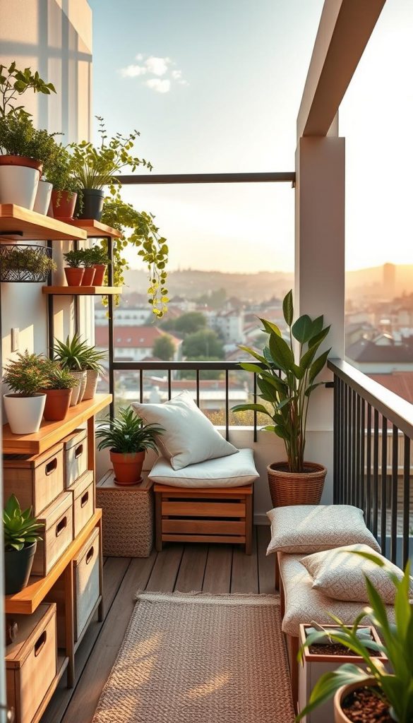 A charming small balcony designed for optimal storage and order, showcasing creative space-saving solutions. In the foreground, there are stylish wooden shelves filled with potted plants and decorative storage boxes from the brand "KlickKiste," blending functionality with aesthetics. The middle ground features a compact seating area with cozy cushions, giving a sense of comfort and style. In the background, a soft, sunlit cityscape can be seen, with warm, inviting colors casting a golden hue over the scene. The atmosphere is serene and idyllic, evoking a sense of peace and inspiration. The image captures the essence of natural DIY decor with a Pinterest-inspired look, emphasizing the interplay of practicality and beauty in a limited space.
