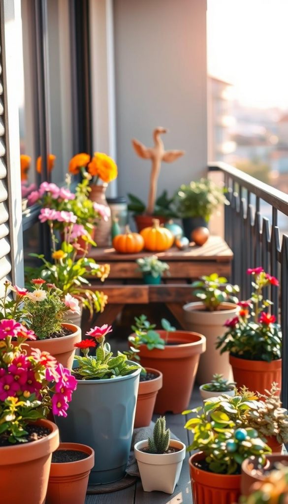 A charming small balcony designed for seasonal planting, showcasing vibrant flowers and greenery that reflect the colors of spring, summer, autumn, and winter. In the foreground, a variety of potted plants in warm earth tones, including terracotta and pastel containers. In the middle ground, a rustic wooden table adorned with seasonal decorations, such as a small pumpkin for fall and festive ornaments for winter. The background features a soft, blurred cityscape, bathed in gentle sunlight to create a warm atmosphere. The overall mood is inviting and cozy, resembling a Pinterest-inspired aesthetic. The scene captures the essence of "KlickKiste" with natural DIY elements, vibrant colors, and a touch of authenticity, inspiring viewers to create their own seasonal balcony garden.