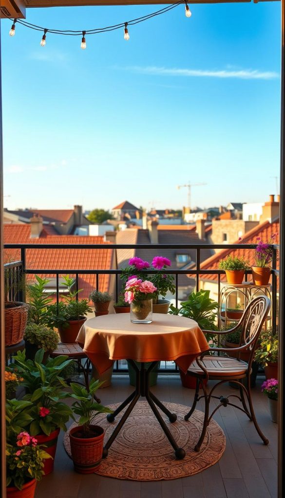 A charming small balcony scene, showcasing a cozy outdoor space designed for comfort and style. In the foreground, a wooden bistro table adorned with a warm, inviting tablecloth. A couple of elegant chairs flank the table, surrounded by potted plants in vibrant greens and colorful flowering plants, creating a lush, inviting atmosphere. In the middle, a small rug adds a touch of warmth, while twinkling fairy lights hang above, casting a soft glow. The background should feature a peaceful view of urban rooftops under a clear blue sky, infusing the scene with tranquility. The lighting is warm and golden, reminiscent of a late afternoon. The overall mood is relaxed and inviting. Designed in the authentic, inspiring DIY style of "KlickKiste," this image embodies a Pinterest-worthy small balcony ideal for enjoying moments of serenity.