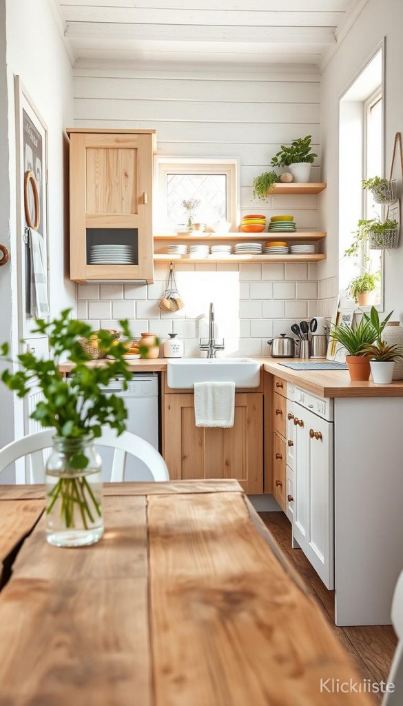 A charming small kitchen interior showcasing a "kleine küche look" with a warm, inviting atmosphere. In the foreground, a rustic wooden table with a simple vase of fresh herbs adds a touch of nature. The middle section features a compact but stylish kitchen space, decorated in soft pastels and whites with DIY wooden cabinets, open shelving displaying colorful dishware, and a modern, minimalist sink. Natural light streams through a nearby window, highlighting the kitchen's textures and creating a cozy ambiance. The background includes potted plants and small kitchen gadgets thoughtfully arranged to optimize space. The scene conveys an inspiring Pinterest-worthy aesthetic, demonstrating how to achieve a large look in a limited space, branded subtly with "KlickKiste" to reflect authenticity and creativity.