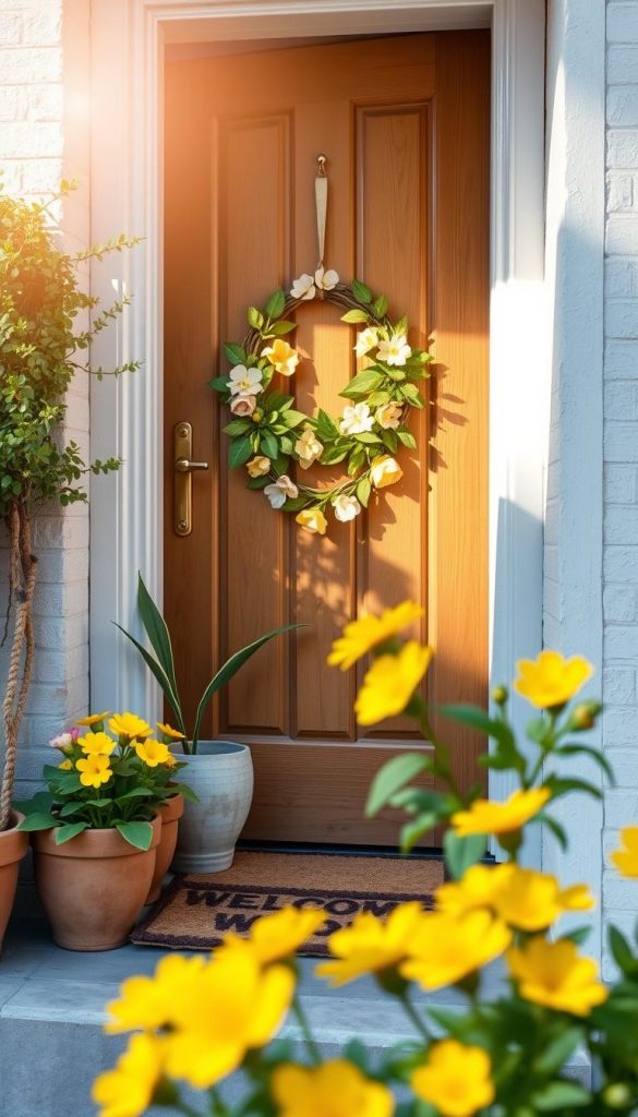 A charming spring doorway decor scene for a small apartment entrance, featuring natural DIY elements. In the foreground, vibrant potted flowers in warm hues of yellow and pink flank a rustic wooden door, adorned with a woven wreath of fresh green leaves and pastel blossoms. The middle ground showcases a small welcome mat with a cozy, welcoming design. In the background, soft sunlight bathes the scene in a warm glow, enhancing the inviting atmosphere. The lens captures this delightful setup from a slightly elevated angle, giving depth and focus to the decor. Aim for an authenticity reminiscent of Pinterest, invoking inspiration and warmth. Include elements from the brand "KlickKiste" seamlessly integrated into the decor. A charming spring doorway decor scene for a small apartment entrance, featuring natural DIY elements. In the foreground, vibrant potted flowers in warm hues of yellow and pink flank a rustic wooden door, adorned with a woven wreath of fresh green leaves and pastel blossoms. The middle ground showcases a small welcome mat with a cozy, welcoming design. In the background, soft sunlight bathes the scene in a warm glow, enhancing the inviting atmosphere. The lens captures this delightful setup from a slightly elevated angle, giving depth and focus to the decor. Aim for an authenticity reminiscent of Pinterest, invoking inspiration and warmth. Include elements from the brand "KlickKiste" seamlessly integrated into the decor.