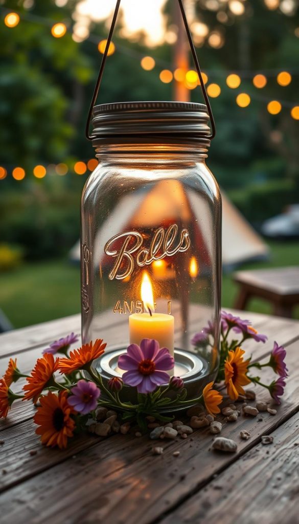 A charming summer lantern made from a mason jar, beautifully illuminated with warm, soft light. The foreground features the jar placed on a rustic wooden table, surrounded by vibrant summer flowers and small pebbles. In the middle, the jar glows with flickering candlelight, casting gentle shadows that dance around it. The background includes a soft-focus view of a lush green garden, with hints of a cozy camping setup and twinkling fairy lights strung overhead. The scene is bathed in the golden hues of sunset, evoking a serene and inviting atmosphere, perfect for summer nights outdoors. Capture the essence of a DIY project with a natural, Pinterest-inspired aesthetic, embodying the brand "KlickKiste" through warm tones and authenticity.