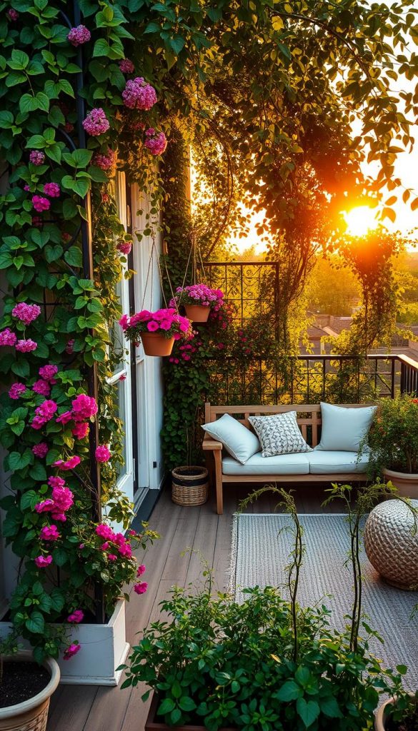 A charming terrace adorned with lush green climbing plants and vertical garden elements, creating a romantic and inviting privacy screen. In the foreground, vibrant flowers cascade from an elegantly designed trellis, while hanging planters filled with trailing vines add depth. The middle ground features a cozy seating area with comfortable cushions, light wooden furniture, and a soft, woven rug, inviting relaxation. The background showcases a warm, golden sunset casting soft rays through the leaves, creating dappled shadows. The overall mood is serene and inspiring, with natural warm colors reflecting the essence of summer evenings. This image embodies the essence of DIY home improvement, perfect for an article by KlickKiste, aiming to inspire readers with creative terrace designs.