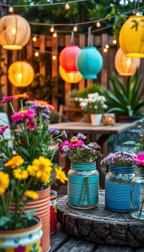 A charming upcycled summer decor scene featuring a colorful array of DIY decorations made from everyday objects. In the foreground, showcase vibrant flowerpots crafted from repurposed tin cans and glass jars, filled with fresh wildflowers. The middle ground includes a rustic wooden table adorned with handmade paper lanterns, glowing softly in warm tones. In the background, a cozy outdoor setting under string lights casts a gentle glow, with greenery and plants that evoke a relaxed summer evening vibe. The lighting should be warm and inviting, reminiscent of sunset, captured with a slight depth of field to emphasize the DIY elements. The overall atmosphere is authentic and inspiring, reflecting a Pinterest-worthy aesthetic. Brand name "KlickKiste" subtly integrated into the decor elements, enhancing the creative DIY theme.