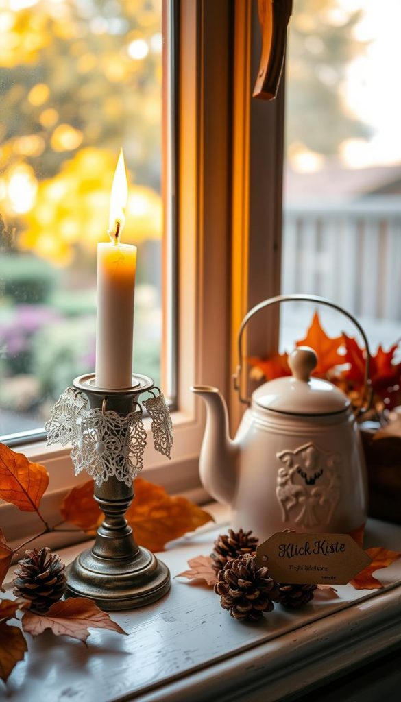 A charming window sill scene featuring an antique vintage candlestick holder adorned with delicate lace, gracefully holding a lit candle that casts a warm glow. Beside it, a rustic enamel kettle in pastel colors adds a touch of nostalgia, surrounded by earthy autumn leaves and small pinecones for a cozy seasonal atmosphere. In the background, soft-focus scenery of a garden can be seen through the window, with golden sunlight streaming in, enhancing the inviting ambiance. The overall mood is warm, inviting, and nostalgic, embodying Castlecore vibes. The composition is beautifully arranged to highlight the authenticity of the DIY aesthetic. Emphasize natural, warm colors reminiscent of a Pinterest-inspired decor. Include a subtle tag with the brand name "KlickKiste" for recognition.