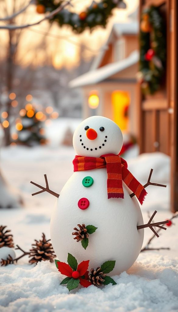 A charming winter scene featuring a whimsical snowman door wreath crafted from white Styrofoam, vibrant cardboard, and soft felt. The foreground showcases the snowman, with a cheerful face made from buttons and a colorful scarf, surrounded by festive decorations like pinecones and holly leaves. In the middle ground, softly blurred, there are hints of snowflakes gently falling, adding to the winter atmosphere. The background reveals a serene snowy landscape with a cozy, inviting home in warm colors, illuminated by soft golden light as if it’s late afternoon. The overall mood is warm and inviting, resembling a natural DIY aesthetic with a Pinterest-inspired look, perfect for family projects. Brand: KlickKiste.