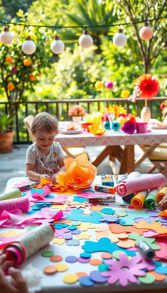 A cheerful and vibrant DIY crafting scene featuring a variety of colorful paper materials, such as cut-out shapes, rolls of tissue paper, and vibrant paint supplies sprawled across a sunlit table set on a terrace. In the foreground, a child wearing a modest, playful t-shirt is surrounded by craft items, eagerly creating a paper garland. The middle ground showcases a beautifully decorated picnic table adorned with finished colorful paper crafts, like paper flowers and handcrafted decorations, evoking a summer party atmosphere. The background captures a lush garden setting with greenery, soft lighting creating a warm and inviting ambiance. The overall mood is joyful and inspiring, with a Pinterest-worthy aesthetic that embodies creative summer fun. Brand name: KlickKiste.