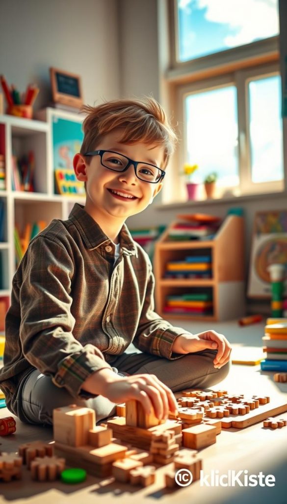 A cheerful, independent child around 8 years old playing in a sunlit room filled with colorful educational toys and books. The child, dressed in smart casual clothing, is focused on assembling a wooden puzzle. In the background, there are vibrant shelves lined with art supplies and a window showcasing a bright, blue sky. Soft, natural light floods the scene, creating a warm and inviting atmosphere that inspires creativity and self-reliance. The mood is uplifting and engaging, reflecting the theme of fostering independence in children. The image has a Pinterest-worthy aesthetic, rich in warm colors and authenticity, branded subtly with "KlickKiste" in the corner.