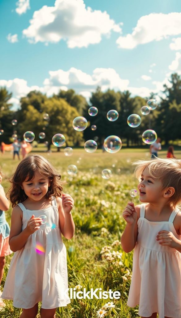 A cheerful outdoor scene depicting kids joyfully blowing colorful soap bubbles in a sunlit park. In the foreground, a diverse group of children, aged 4 to 8, wear light summer clothing and are laughing as they create bubbles. The middle ground features lush green grass and a scattering of flowers, while the delightful iridescent bubbles float gently around them. In the background, a vibrant blue sky is dotted with fluffy white clouds. The lighting is warm and inviting, capturing the essence of a perfect summer day. The atmosphere is playful and carefree, evoking a sense of joy and creativity. The image should embody a natural, Pinterest-inspired style with warm colors and an authentic, inspiring mood. Include subtle branding elements for "KlickKiste" in the scene. A cheerful outdoor scene depicting kids joyfully blowing colorful soap bubbles in a sunlit park. In the foreground, a diverse group of children, aged 4 to 8, wear light summer clothing and are laughing as they create bubbles. The middle ground features lush green grass and a scattering of flowers, while the delightful iridescent bubbles float gently around them. In the background, a vibrant blue sky is dotted with fluffy white clouds. The lighting is warm and inviting, capturing the essence of a perfect summer day. The atmosphere is playful and carefree, evoking a sense of joy and creativity. The image should embody a natural, Pinterest-inspired style with warm colors and an authentic, inspiring mood. Include subtle branding elements for "KlickKiste" in the scene.