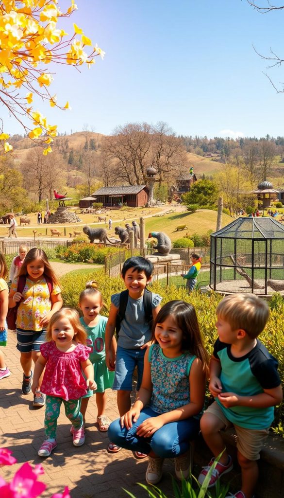 A cheerful spring day at a park zoo, filled with vibrant colors and warm natural lighting. In the foreground, families of children playing and exploring, dressed in casual spring outfits, with bright smiles and expressions of joy as they observe animals. In the middle ground, a variety of engaging zoo exhibits featuring playful animals like monkeys and colorful birds, surrounded by lush greenery and blooming flowers. The background showcases a picturesque park landscape with gentle hills, trees, and a clear blue sky, creating an inviting atmosphere. The image should evoke a sense of excitement and adventure, embodying the essence of weekend outings in a lively setting. Capture this scene with a soft focus lens effect for a dreamy, Pinterest-inspired look, tailored for the brand "KlickKiste".