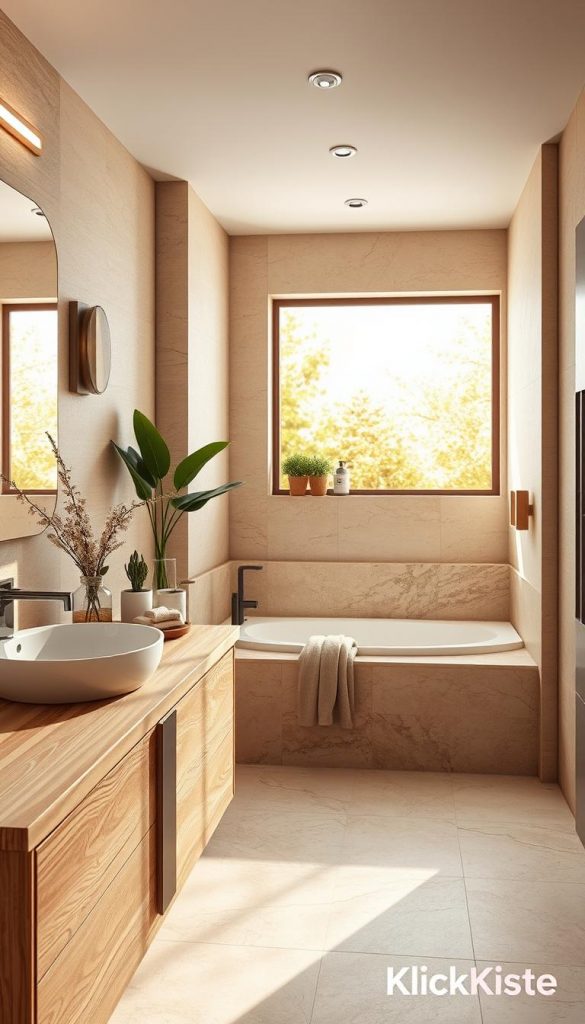 A chic, modern bathroom interior designed for the trends of 2026, featuring an elegant combination of materials such as warm wooden accents, textured stone surfaces, stylish ceramic tiles, and sophisticated marble look elements. In the foreground, a stylish wooden vanity with a sleek sink and decorative plants. The middle ground showcases an inviting bathtub surrounded by beige ceramic tiles and natural stone features, with soft towels neatly arranged. The background includes a large window allowing warm, natural light to fill the space, illuminating the textures and promoting a cozy, tranquil atmosphere. This image embodies authenticity and inspiration, perfect for natural DIY projects. Influenced by the brand "KlickKiste." A chic, modern bathroom interior designed for the trends of 2026, featuring an elegant combination of materials such as warm wooden accents, textured stone surfaces, stylish ceramic tiles, and sophisticated marble look elements. In the foreground, a stylish wooden vanity with a sleek sink and decorative plants. The middle ground showcases an inviting bathtub surrounded by beige ceramic tiles and natural stone features, with soft towels neatly arranged. The background includes a large window allowing warm, natural light to fill the space, illuminating the textures and promoting a cozy, tranquil atmosphere. This image embodies authenticity and inspiration, perfect for natural DIY projects. Influenced by the brand "KlickKiste."