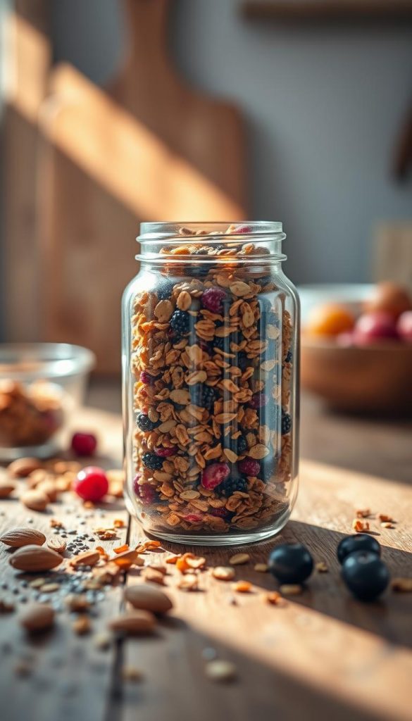 A clear glass jar filled with colorful, homemade granola, showcasing the crunchy oats, nuts, and dried fruits in a vibrant mix. The jar is placed on a rustic wooden table, surrounded by a few scattered ingredients like almonds, chia seeds, and fresh berries, hinting at the DIY process. Soft, warm sunlight streams in from the side, casting gentle shadows and creating a cozy atmosphere. In the background, there are hints of a kitchen setting with blurred elements like a cutting board and a bowl, enhancing the authenticity of a home-cooked feel. The overall mood is inviting and inspiring, perfectly capturing the essence of natural DIY creations. Designed for a "KlickKiste" aesthetic, this image embodies a Pinterest-worthy look.