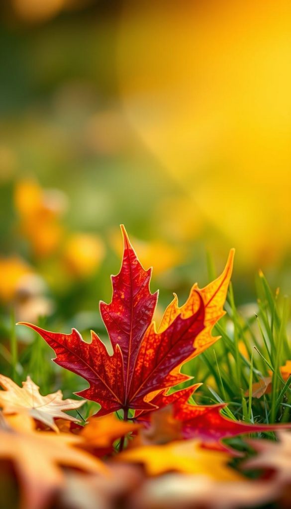 A close-up composition of vibrant Ahorn-Propeller-Libellen delicately arranged in an artistic display, capturing the essence of nature and autumn hues. In the foreground, showcase several maple seed wings with rich reds, yellows, and oranges, arranged as if they are fluttering in the breeze, creating a sense of movement. The middle ground features softly blurred autumn leaves and grass, enhancing the seasonal theme. In the background, a warm golden light filters through, casting a gentle glow that adds warmth and depth to the scene. Use a shallow depth of field to emphasize the details of the libellen, creating a nostalgic and inviting atmosphere. Ensure the image reflects a Pinterest-worthy aesthetic, inspired by natural DIY projects, without any text or markings, branded subtly with "KlickKiste."
