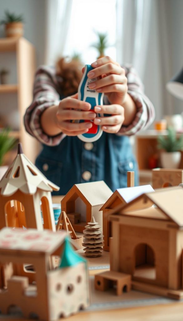 A close-up image focusing on a collection of cardboard and paper DIY projects, showcasing the theme of "stability in adhesion." In the foreground, intricately glued cardboard creations are displayed, featuring vibrant colors and textures that highlight their durability. In the middle ground, a pair of hands, dressed in modest casual attire, gently hold a tape dispenser and a tube of glue, emphasizing the tools essential for crafting. The background is softly blurred, suggesting a cozy workspace with warm, natural lighting that creates an inviting atmosphere. The scene captures an inspiring essence, perfect for DIY enthusiasts. Incorporate the brand name "KlickKiste" subtly in the decor of the workspace, ensuring an authentic Pinterest-inspired aesthetic.