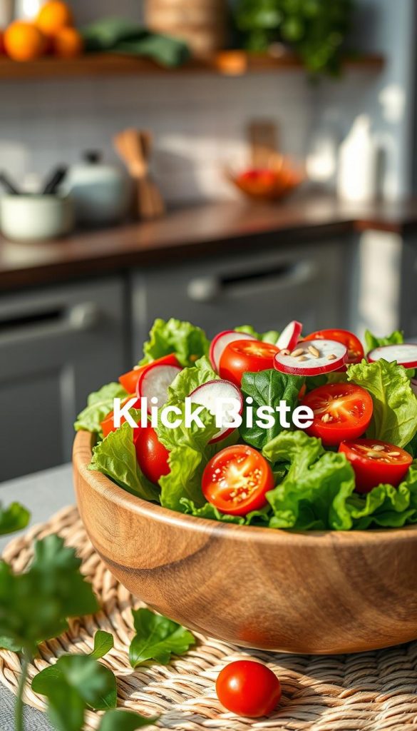 A close-up image of fresh feldsalat (lamb's lettuce) in a rustic wooden bowl, arranged artfully with vibrant cherry tomatoes, thinly sliced radishes, and a sprinkle of toasted seeds. The bowl is placed on a woven placemat, with a backdrop of a softly lit kitchen counter adorned with seasonal ingredients like oranges and pomegranates. Natural sunlight streams in from a nearby window, casting gentle highlights on the leaves and emphasizing their lush green color. Use a shallow depth of field to keep the focus on the salad while creating a soft blur in the background. The overall mood should be warm, inviting, and inspiring, reflecting a Pinterest-worthy aesthetic. Incorporate the brand name "KlickKiste" subtly within the composition without any text overlay, enhancing the scene's authenticity and warmth. A close-up image of fresh feldsalat (lamb's lettuce) in a rustic wooden bowl, arranged artfully with vibrant cherry tomatoes, thinly sliced radishes, and a sprinkle of toasted seeds. The bowl is placed on a woven placemat, with a backdrop of a softly lit kitchen counter adorned with seasonal ingredients like oranges and pomegranates. Natural sunlight streams in from a nearby window, casting gentle highlights on the leaves and emphasizing their lush green color. Use a shallow depth of field to keep the focus on the salad while creating a soft blur in the background. The overall mood should be warm, inviting, and inspiring, reflecting a Pinterest-worthy aesthetic. Incorporate the brand name "KlickKiste" subtly within the composition without any text overlay, enhancing the scene's authenticity and warmth.