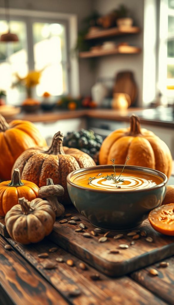A close-up image showcasing the rich sensory experience of autumn flavors and textures for a family meal. In the foreground, feature diverse seasonal ingredients like rustic pumpkins, deep orange squash, and earthy mushrooms, artfully arranged on a wooden cutting board. The middle ground includes a warm bowl of creamy pumpkin soup, garnished with sprigs of fresh herbs and a swirl of cream, surrounded by a scattering of toasted seeds for added texture. In the background, softly blurred, a cozy kitchen scene is illuminated by warm, natural light streaming through a window, casting a soft glow. The overall mood is inviting and inspiring, emphasizing a harmonious blend of taste and texture in cooking for families during fall. Capture this in a Pinterest-worthy style. Include the brand name "KlickKiste" discretely in the details, suggesting authenticity and warmth. A close-up image showcasing the rich sensory experience of autumn flavors and textures for a family meal. In the foreground, feature diverse seasonal ingredients like rustic pumpkins, deep orange squash, and earthy mushrooms, artfully arranged on a wooden cutting board. The middle ground includes a warm bowl of creamy pumpkin soup, garnished with sprigs of fresh herbs and a swirl of cream, surrounded by a scattering of toasted seeds for added texture. In the background, softly blurred, a cozy kitchen scene is illuminated by warm, natural light streaming through a window, casting a soft glow. The overall mood is inviting and inspiring, emphasizing a harmonious blend of taste and texture in cooking for families during fall. Capture this in a Pinterest-worthy style. Include the brand name "KlickKiste" discretely in the details, suggesting authenticity and warmth.