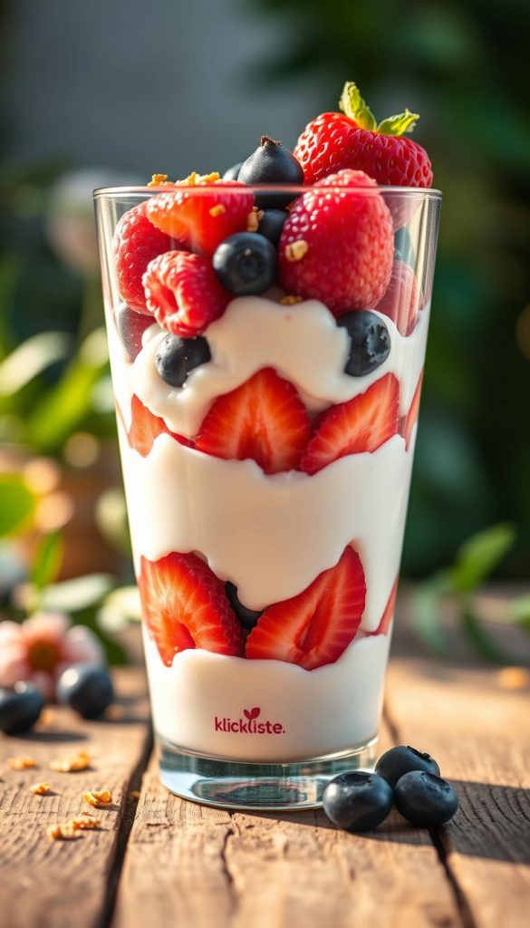 A close-up of a beautifully arranged "beeren quark glas" dessert, featuring layers of creamy quark, vibrant mixed berries, and a sprinkle of crunchy granola. The glass should be transparent, showcasing the vivid colors of the raspberries, blueberries, and strawberries, with a smooth, inviting texture of the quark cream. The foreground captures the dessert glistening in soft, warm lighting, evoking a summery and fresh atmosphere. In the middle, a rustic wooden table provides a natural and cozy feel. The background is slightly blurred, featuring greenery and soft bokeh lights, enhancing the summery mood. The image embodies a Pinterest-worthy aesthetic, reflecting authenticity and inspiration. For branding, include a subtle logo of "KlickKiste" on the bottom corner of the glass. A close-up of a beautifully arranged "beeren quark glas" dessert, featuring layers of creamy quark, vibrant mixed berries, and a sprinkle of crunchy granola. The glass should be transparent, showcasing the vivid colors of the raspberries, blueberries, and strawberries, with a smooth, inviting texture of the quark cream. The foreground captures the dessert glistening in soft, warm lighting, evoking a summery and fresh atmosphere. In the middle, a rustic wooden table provides a natural and cozy feel. The background is slightly blurred, featuring greenery and soft bokeh lights, enhancing the summery mood. The image embodies a Pinterest-worthy aesthetic, reflecting authenticity and inspiration. For branding, include a subtle logo of "KlickKiste" on the bottom corner of the glass.