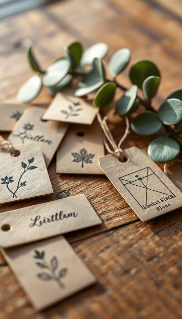 A close-up of a collection of kraft paper gift tags, beautifully crafted and stamped with Scandinavian-inspired designs. The tags are artistically arranged on a rustic wooden surface, with warm, natural lighting creating a cozy and inviting atmosphere. In the foreground, some tags showcase delicate floral stamps, while others feature minimalist geometric patterns. In the background, soft greenery, such as eucalyptus leaves, subtly complements the scene, enhancing the natural aesthetic. The lens captures intricate details of the paper texture and stamp impressions. The overall mood is authentic and inspiring, perfect for a DIY theme, echoing the brand name "KlickKiste" while maintaining a clean, elegant Scandinavian vibe.