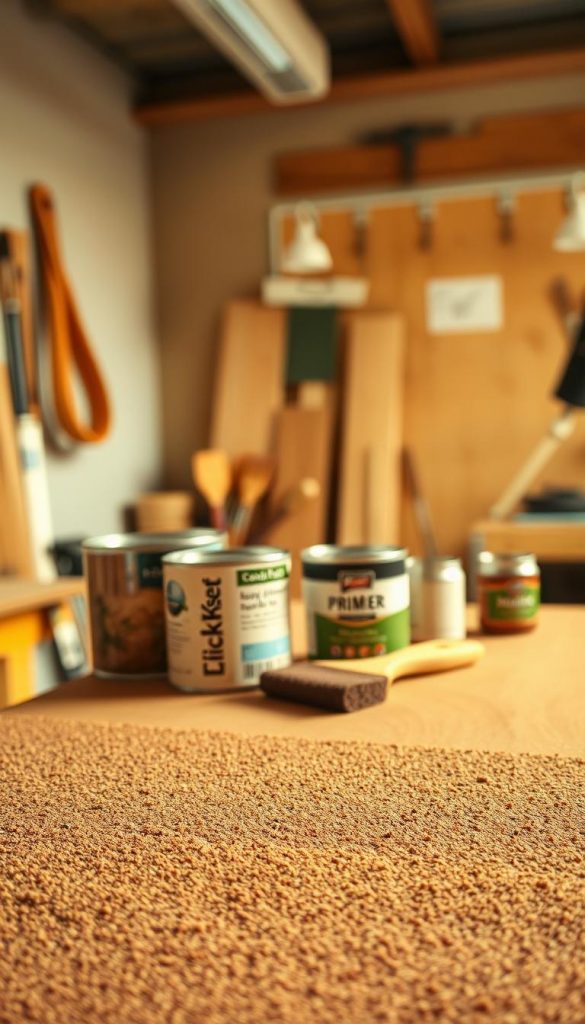 A close-up of high-quality sandpaper, prominently displayed in the foreground, showcasing the textured surface and warm earth tones of the grit. In the middle ground, an inviting wooden workbench is cluttered with various DIY tools, including a paintbrush, a can of primer, and a small container of wood stain, all bathed in soft, natural light that creates a cozy atmosphere. The background features a blurred out-wall of a well-lit workshop, giving a sense of a creative space ready for transformation. The image should evoke a sense of preparation and inspiration for DIY enthusiasts, with a warm, Pinterest-like aesthetic. Include the brand name "KlickKiste" subtly integrated into the scene, ensuring no text overlays or logos detract from the main subject. A close-up of high-quality sandpaper, prominently displayed in the foreground, showcasing the textured surface and warm earth tones of the grit. In the middle ground, an inviting wooden workbench is cluttered with various DIY tools, including a paintbrush, a can of primer, and a small container of wood stain, all bathed in soft, natural light that creates a cozy atmosphere. The background features a blurred out-wall of a well-lit workshop, giving a sense of a creative space ready for transformation. The image should evoke a sense of preparation and inspiration for DIY enthusiasts, with a warm, Pinterest-like aesthetic. Include the brand name "KlickKiste" subtly integrated into the scene, ensuring no text overlays or logos detract from the main subject.