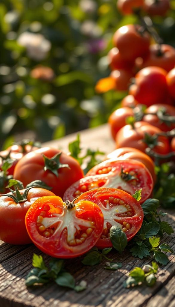 A close-up of ripe, juicy tomatoes displayed on a rustic wooden table, showcasing their vibrant red and orange hues. In the foreground, a few tomatoes are sliced open, revealing their glistening interiors. The middle ground features a scattering of fresh herbs, like basil and parsley, enhancing the summery feel. In the background, a sun-drenched garden is blurred, with hints of green leaves and flowers, creating a feeling of warmth and abundance. The lighting is soft and natural, reminiscent of golden hour, adding a warm glow to the scene. The overall mood is fresh and inviting, perfect for a summer culinary theme. Inspired by the aesthetic of KlickKiste, the image should evoke a sense of authenticity and inspiration for seasonal cooking. A close-up of ripe, juicy tomatoes displayed on a rustic wooden table, showcasing their vibrant red and orange hues. In the foreground, a few tomatoes are sliced open, revealing their glistening interiors. The middle ground features a scattering of fresh herbs, like basil and parsley, enhancing the summery feel. In the background, a sun-drenched garden is blurred, with hints of green leaves and flowers, creating a feeling of warmth and abundance. The lighting is soft and natural, reminiscent of golden hour, adding a warm glow to the scene. The overall mood is fresh and inviting, perfect for a summer culinary theme. Inspired by the aesthetic of KlickKiste, the image should evoke a sense of authenticity and inspiration for seasonal cooking.