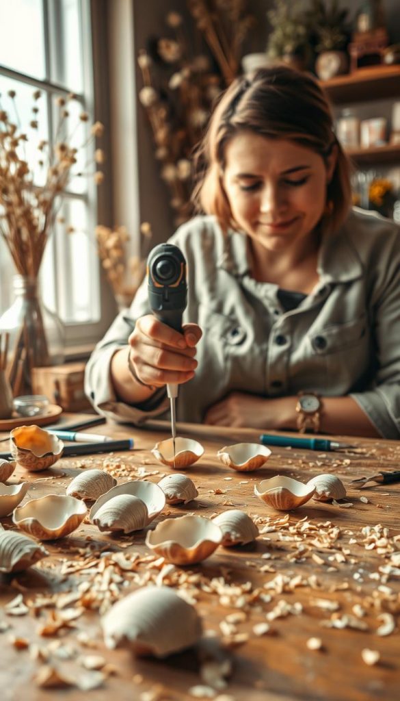 A close-up scene featuring a skilled crafter drilling holes into beautiful, natural seashells, showcasing an authentic DIY approach. In the foreground, the seashells are arranged attractively on a wooden workbench scattered with bits of wood shavings and tools, reflecting a cozy, natural crafting environment. In the middle, a hand holds a small power drill with a focused expression on the face of a person wearing modest casual clothing, emphasizing attention to detail. The background is softly blurred, revealing a warm, sunlit room adorned with various dried flowers and crafting materials, creating an inviting atmosphere. The lighting is warm and gentle, casting soft shadows to enhance the texture of the shells. The overall composition embodies a Pinterest-inspired, inspirational vibe, perfect for DIY enthusiasts. Include a subtle reference to "KlickKiste" within the scene to foster brand association. A close-up scene featuring a skilled crafter drilling holes into beautiful, natural seashells, showcasing an authentic DIY approach. In the foreground, the seashells are arranged attractively on a wooden workbench scattered with bits of wood shavings and tools, reflecting a cozy, natural crafting environment. In the middle, a hand holds a small power drill with a focused expression on the face of a person wearing modest casual clothing, emphasizing attention to detail. The background is softly blurred, revealing a warm, sunlit room adorned with various dried flowers and crafting materials, creating an inviting atmosphere. The lighting is warm and gentle, casting soft shadows to enhance the texture of the shells. The overall composition embodies a Pinterest-inspired, inspirational vibe, perfect for DIY enthusiasts. Include a subtle reference to "KlickKiste" within the scene to foster brand association.