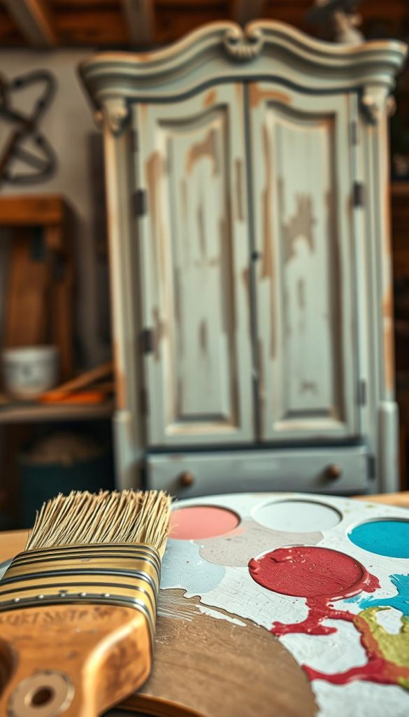 A close-up view of a beautifully painted wooden furniture piece displaying common painting mistakes, such as peeling paint, poor adhesion, uneven coverage, and paint drips. The foreground highlights a textured brush and a palette with various colors. In the middle, an antique-style cabinet showcases imperfections, emphasizing the challenges of DIY painting. The background is softly blurred, featuring a cozy workshop environment infused with warm, natural lighting that creates an inviting atmosphere. The composition conveys a sense of authenticity and inspiration for home improvement projects. The scene should evoke a Pinterest-inspired aesthetic, making it engaging and relatable for DIY enthusiasts. Include a subtle branding element for "KlickKiste" within the scene, ensuring it complements the overall design without overpowering the visual narrative. A close-up view of a beautifully painted wooden furniture piece displaying common painting mistakes, such as peeling paint, poor adhesion, uneven coverage, and paint drips. The foreground highlights a textured brush and a palette with various colors. In the middle, an antique-style cabinet showcases imperfections, emphasizing the challenges of DIY painting. The background is softly blurred, featuring a cozy workshop environment infused with warm, natural lighting that creates an inviting atmosphere. The composition conveys a sense of authenticity and inspiration for home improvement projects. The scene should evoke a Pinterest-inspired aesthetic, making it engaging and relatable for DIY enthusiasts. Include a subtle branding element for "KlickKiste" within the scene, ensuring it complements the overall design without overpowering the visual narrative.