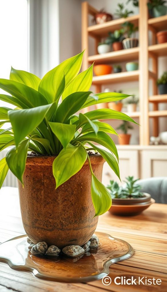 A close-up view of a potted indoor plant displaying symptoms of "staunässe", with water pooling at the base of the pot, indicating overwatering. The foreground features the vibrant green leaves of the plant, slightly drooping due to excess moisture. In the middle ground, the pot, a rustic ceramic design, sits on a wooden table, surrounded by small stones to enhance drainage. The background reveals a softly lit room with warm, inviting tones, featuring light wood shelves adorned with various other plants and decorative items, creating a cozy atmosphere. The scene is illuminated by soft natural light coming through a window, highlighting the textures of the plant and pot. This authentic and inspiring image is crafted in a Pinterest aesthetic style, branded subtly with "KlickKiste".