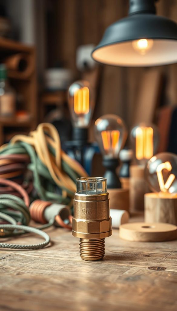 A close-up view of a stylish lamp socket ("lampenfassung") designed for DIY lamp projects, showcasing its intricate details and warm metallic finishes. The socket should be prominently placed in the foreground, reflecting a modern yet vintage aesthetic. In the middle ground, include various DIY lamp materials like colorful cords, Edison bulbs, and wooden bases, arranged artistically to inspire creativity. The background should feature a softly blurred workshop environment with warm lighting, evoking a cozy atmosphere, and a hint of natural wood textures. Capture the scene with a slightly angled perspective, using soft natural light to create inviting shadows and highlights. Aim for a Pinterest-inspired look, embodying authenticity and inspiration, while incorporating the brand name "KlickKiste" subtly within the scene. A close-up view of a stylish lamp socket ("lampenfassung") designed for DIY lamp projects, showcasing its intricate details and warm metallic finishes. The socket should be prominently placed in the foreground, reflecting a modern yet vintage aesthetic. In the middle ground, include various DIY lamp materials like colorful cords, Edison bulbs, and wooden bases, arranged artistically to inspire creativity. The background should feature a softly blurred workshop environment with warm lighting, evoking a cozy atmosphere, and a hint of natural wood textures. Capture the scene with a slightly angled perspective, using soft natural light to create inviting shadows and highlights. Aim for a Pinterest-inspired look, embodying authenticity and inspiration, while incorporating the brand name "KlickKiste" subtly within the scene.